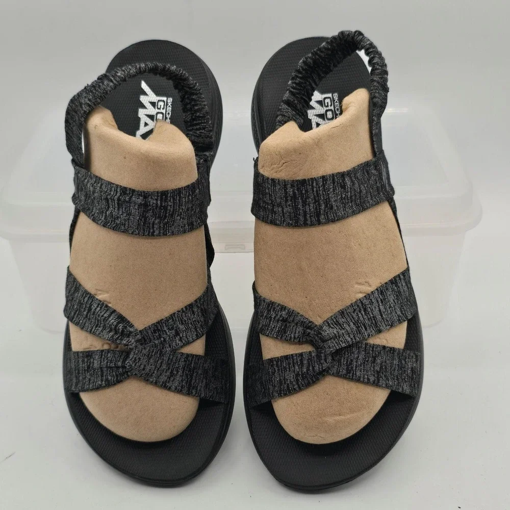 Skechers Sandals Womens Size 10 Black Goga Max Strappy Stretch Comfort Shoes